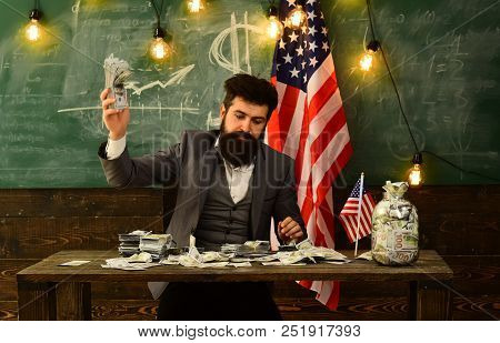 Crisis Concept. Crisis In American Economy With Man Hold Money.