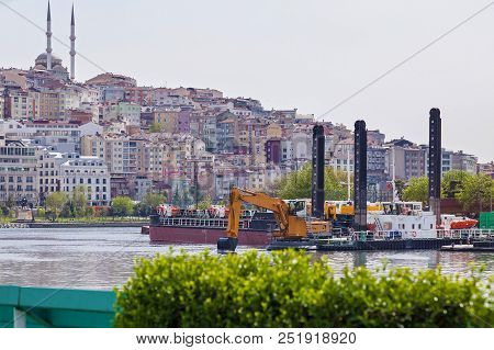 Specialized Floating Excavator Cleans The Sea Bottom Sediments