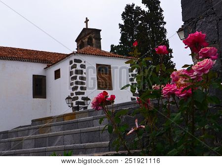 Beautiful View With Old Church And Blooming Roses In Vilaflor Mountain Village In Tenerife, Canary I