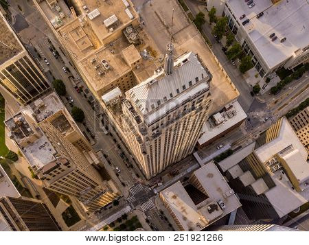 Aerial high angle view of skyscrapers in Oklahoma City, Oklahoma, USA.