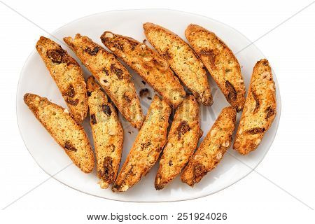 Classic Italian Biscotti Cookies On Plate Isolated A White Background. Festive Christmas Cookies Fro