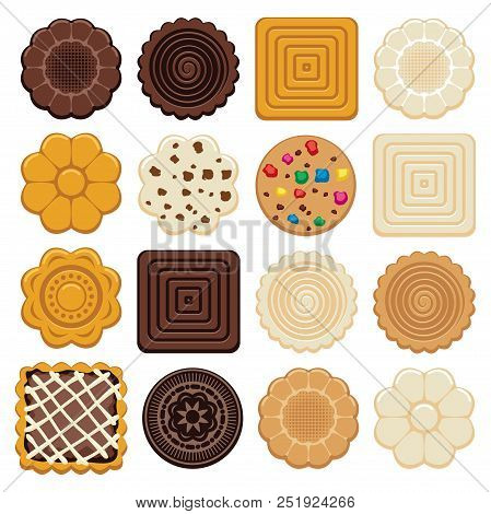 Vector Set Of Colorful Chocolate And Biscuit Chip Cookies Of Different Shapes On White Background