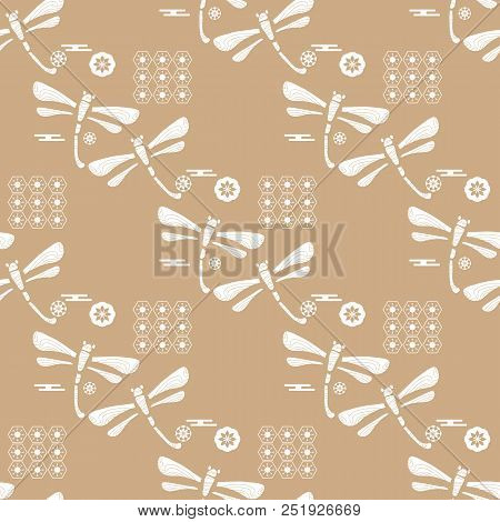 Beautiful Japanese Seamless  Pattern With Dragonfiles. Chinese, Japanese Elements.vector Unique Seam