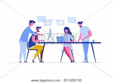 Meeting Business People In A Flat Style. Team Discusses Social Network, News, Chat, Dialogue Speech 