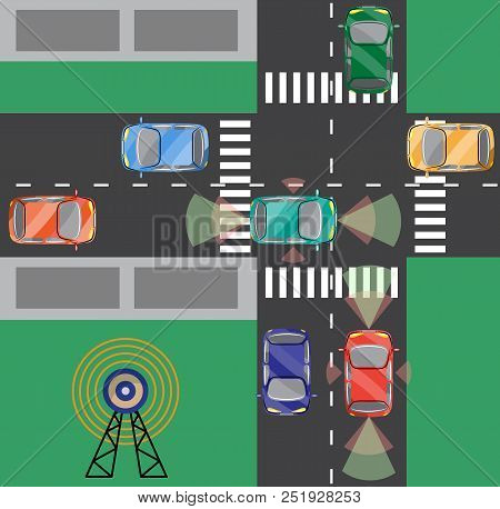 Top View Of Crossroads With Driverless Car, Self-driving Auto, View From Above. Vector Illustration
