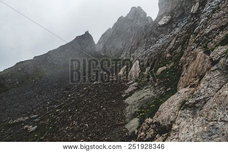 Scary Mountain Hiking Path In The Swiss Alps During A Thunderstorm, Foggy, Latgassli, Brienzer Rotho