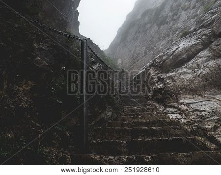 Scary Steep Hiking Path With Stairs On Steep Mountain. Hiking On A Stone, Brienzer Rothorn Switzerla