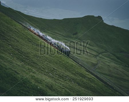 Old Steam Train On A Mountain Track In The Swiss Alps, Brienzer Rothorn Bahn In Switzerland