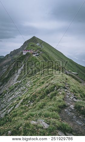 Mountain Hut On The Top Of A Mountain In The Swiss Alps Brienzer Rothorn Hohenweg Switzerland Cloudy