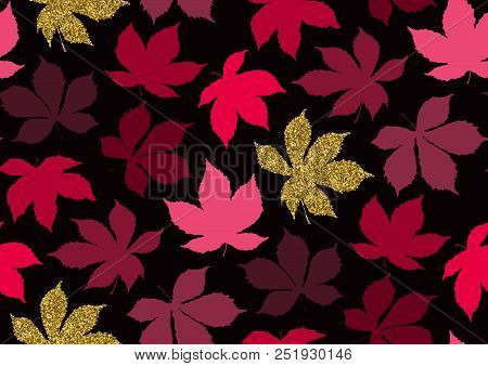 Autumnal Leaves Seamless Pattern With Gold Glitter Texture. Vector Illustration For Stylish Backgrou