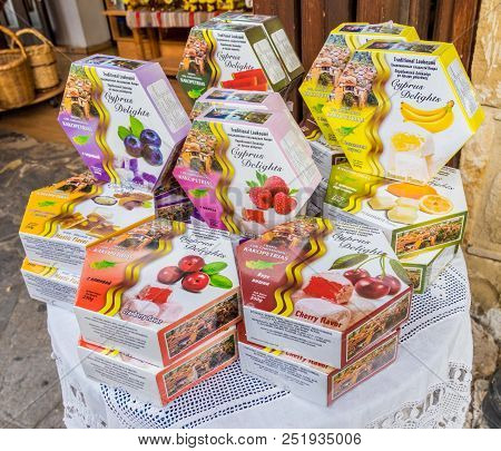 Omodos, Cyprus. May 2018. Local Sweets For Sale In The Traditional Village Of Omodos In Cyprus.