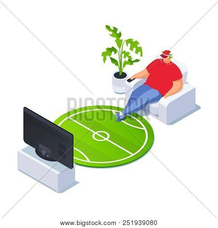 Isometric Football Fan Watching Tv. 3d Living Room. Vector Illustration.