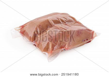 Raw Bull Testicles In A Vacuum Package On A White Background