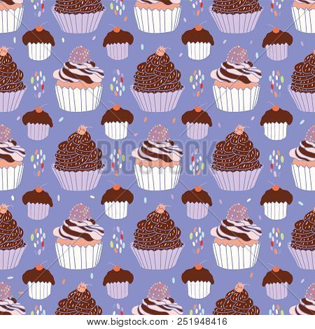 Baked Cupcakes Food Vector Pattern Seamless, Hand Drawn Illustration For Party Stationery, Cafe Menu