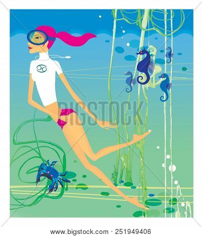 Zodiac Sports Lady. Cancer. A Girl In A Scuba Mask Engaged In Diving Among Sea Horses, Algae And Cra
