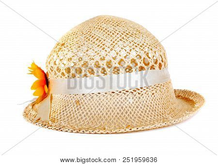 Pretty Straw Hat With Flower On White Isolated Background