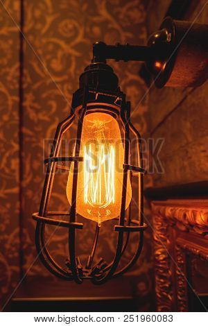 Vintage Light Bulbs With Glower Filament. Old Fashioned Lantern. Incandescent Lamp, Retro Design.