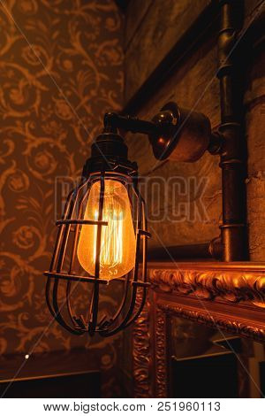 Vintage Light Bulbs With Glower Filament. Old Fashioned Lantern. Incandescent Lamp, Retro Design.