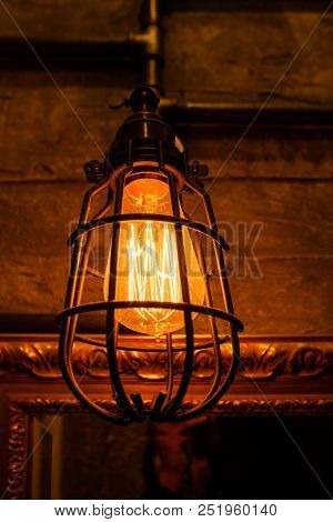 Vintage Light Bulbs With Glower Filament. Old Fashioned Lantern. Incandescent Lamp, Retro Design.
