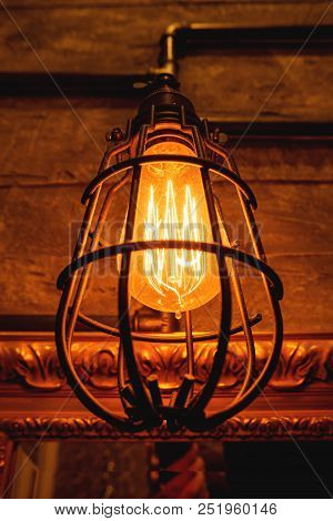 Vintage Light Bulbs With Glower Filament. Old Fashioned Lantern. Incandescent Lamp, Retro Design.