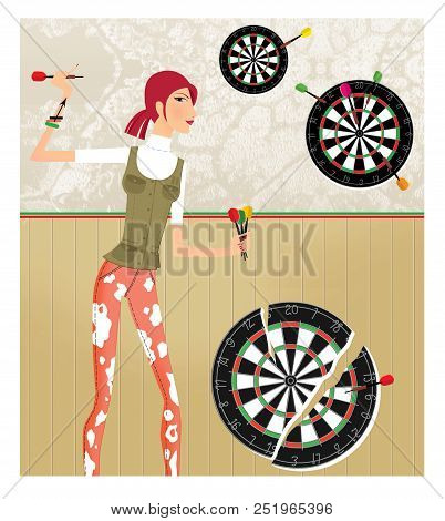 Zodiac Sports Lady. Sagittarius. A Girl Throws Darts At A Dartboard Target.a Girl Throws Darts At A 