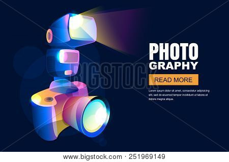 Vector Glowing Neon 3d Style Illustration Of Digital Photo Camera With Flash Light. Photo Studio Or 