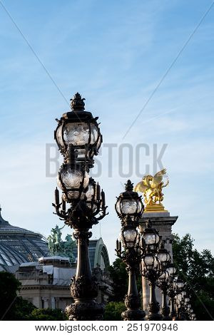 Art Nouveau Lamps On Pont Alexandre Iii - Paris, France