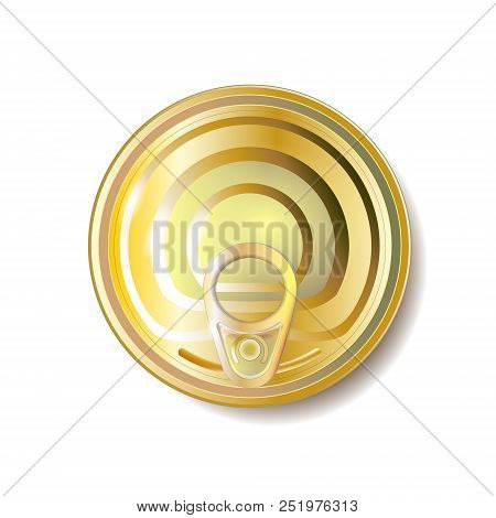 Gold, Yellow Tin Can With Ring Pull, Top View. Vector Illustration. Packaging Object.