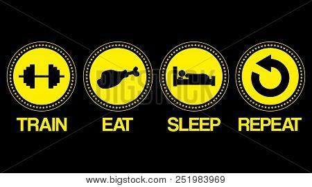 Set Of Fitness Icons In Black Background, Lifestyle Of A Fitness Person. Vector Art