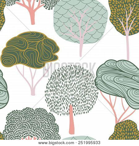 Seamless Background With Stylized Trees. Forest Bright Pattern
