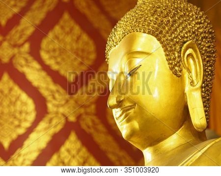 Close Up Face Buddha Statue Is Made Of Brass.stucco Buddha Images In The Ayutthaya Period Enshrined 