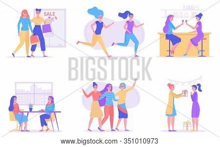 Girl Friendship, Women Friends Together Vector Illustration. Girlfriends Spend Time Together, Walkin