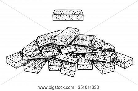 Stack Of Brick Sketch. Group Of Loose Bricks On White Background. Construction Material Brick On Tra