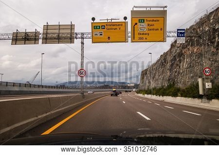 Editorial 08.31.2019 Oslo Norway Heading Towards The City On The Motorway With The City In The Skyli