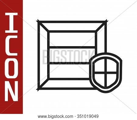 Black Line Delivery Pack Security With Shield Icon Isolated On White Background. Delivery Insurance.