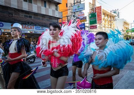 Pattaya, Thailand - February 15, 2020: A Part Of Colorful Of Lgbt Parade With People Wearing Rainbow