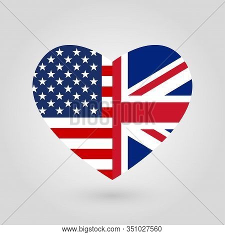Us And Uk Flags Icon In The Heart Shape. American And British Friendship Symbol. Vector Illustration