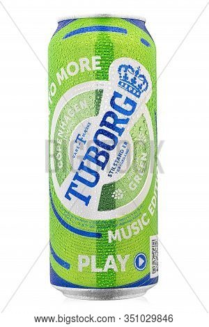 Ukraine, Kiev - February 10. 2020: Aluminium Can Of Green Tuborg Beer On White Background. Tuborg Is