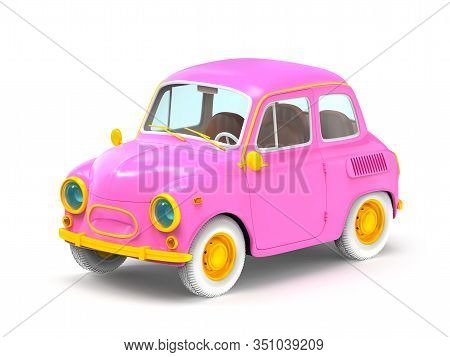 Small And Cute Cartoon Bunchy Retro Car Isolated On White Background. 3d Illustration