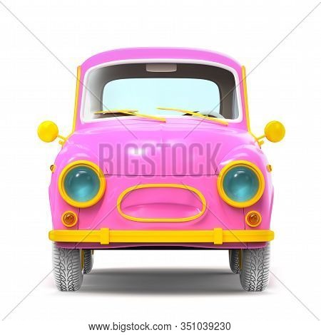 Small And Cute Cartoon Bunchy Retro Car, Front View, Isolated On White Background. 3d Illustration