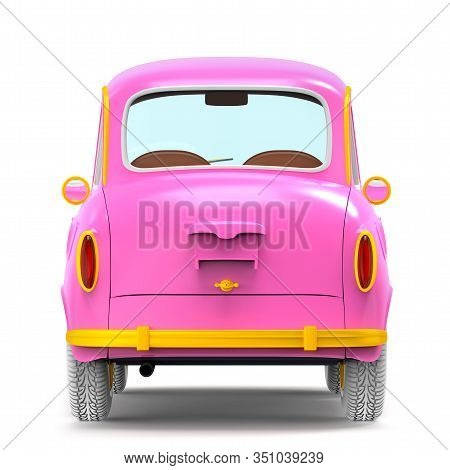 Small And Cute Cartoon Bunchy Retro Car, Back View, Isolated On White Background. 3d Illustration