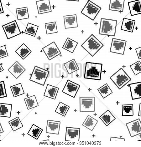 Black Network Port - Cable Socket Icon Isolated Seamless Pattern On White Background. Lan Port Icon.