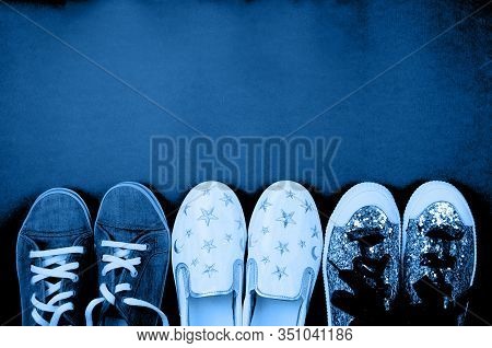 Three Different Pairs Of Shoes For A Teenage Girl, Canvas, Slipons, Sneakers, Stylish Shoes On Yello