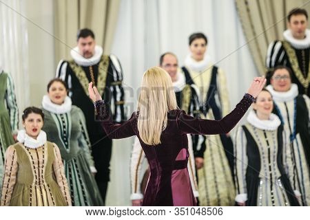 Bucharest, Romania - January 14, 2019: Members Of The Romanian Madrigal Choir (corul Madrigal) Perfo