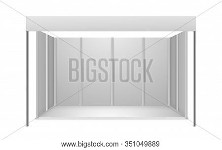 Exhibition Stand. White Blank Indoor Trade Exhibition Booth For Presentation Commercial Advertisemen