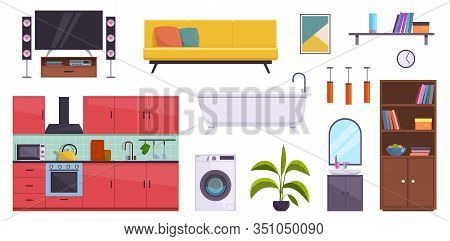 Flat Furniture. Sofa, Lamps And Pictures, Bath, Bookcase And Washbasin. Tv, Washer And Kitchen Home 