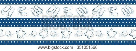 Flip Flop Shoe Seamless Vector Patttern Border. Hand Drawn Outline Style Wide Stripes And Polka Dots