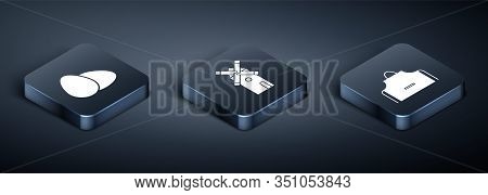 Set Isometric Chicken Egg , Kitchen Apron And Windmill Icon. Vector