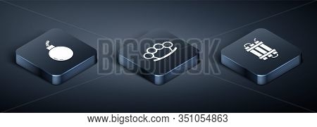 Set Isometric Bomb Ready To Explode , Detonate Dynamite Bomb Stick And Brass Knuckles Icon. Vector