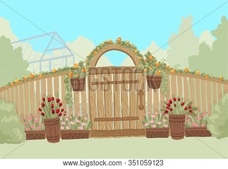 Summer Landscape. Entrance To The Green Garden, With Wood Fence. Vector Illustration.